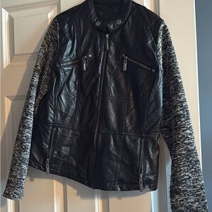 Black Faux Leather Jacket with Heathered Gray Knit Sleeves